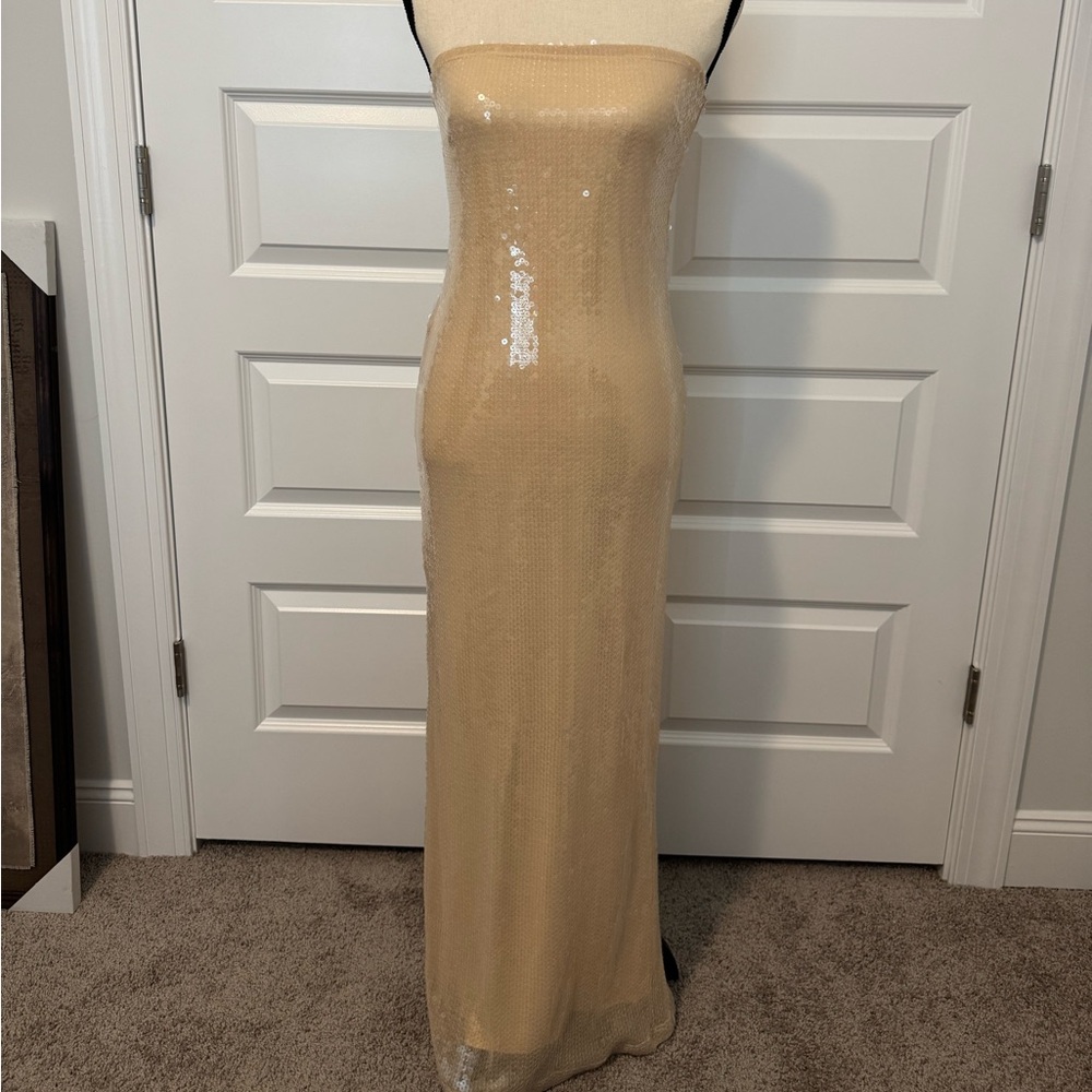 Rare London Strapless Sequin Column Gown in Nude Gold